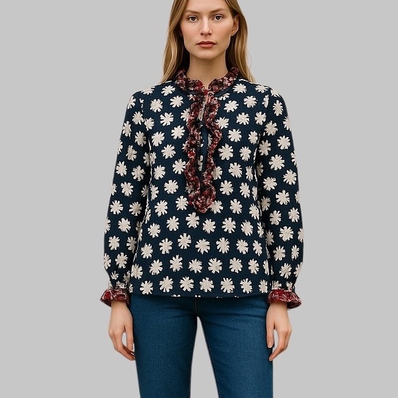 J. Crew Tops - J.‎ Crew Floral Ruffle Blouse Long Sleeve Button Down Top XXS